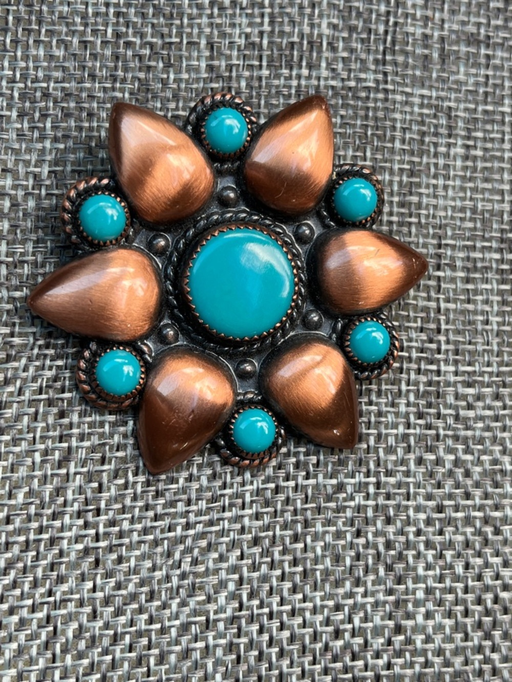 Solid Copper Floral Brooch with Turquoise Cabochons- Vintage/ so pretty